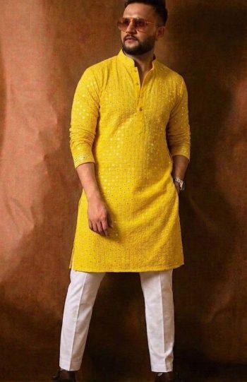 RICH LOOK RAYON THREAD SEQUENCE WORK MEN'S KURTA PAYJAMA YELLOW