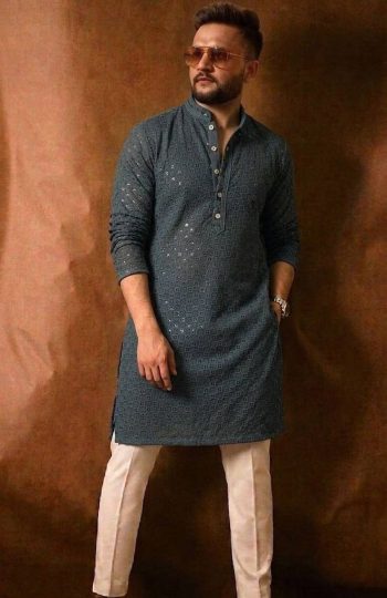 RICH LOOK RAYON THREAD SEQUENCE WORK MEN'S KURTA PAYJAMA GREY