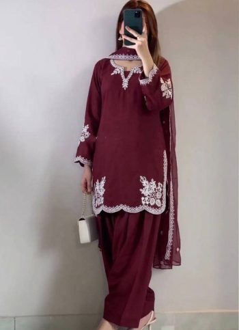 RICH LOOK ROMAN COTTON EMBROIDERY WORK TOP PATIYALA WITH DUPATTA MAROON