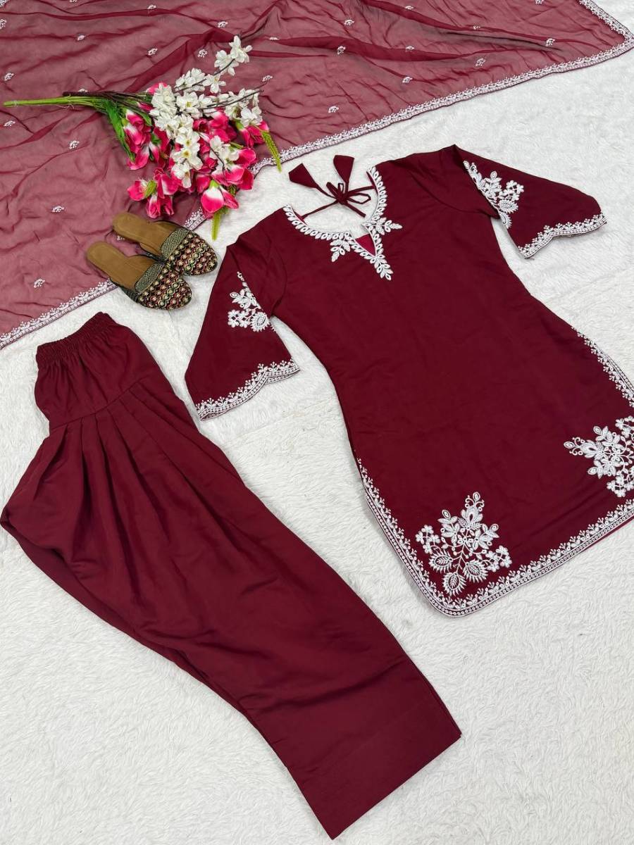 RICH LOOK ROMAN COTTON EMBROIDERY WORK TOP PATIYALA WITH DUPATTA FESTIVE WEAR WHOLESALE PRICE ETHNIC GARMENT (9)