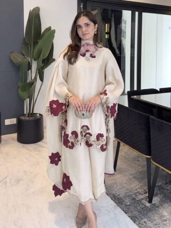 FANCY ROMAN GLASS EMBROIDERY SEQUENCE AND MULTI WORK TOP PALAZZO WITH DUPATTA OFF WHITE