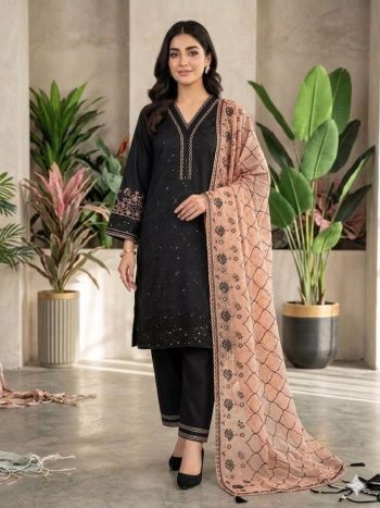 RICH LOOK ROMAN SEQUENCE EMBROIDERY WORK TOP PALAZZO WITH DUPATTA BLACK AND PEACH