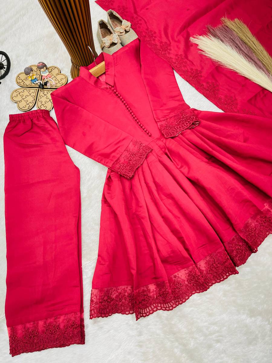 RICH LOOK ROMAN SILK EMBROIDERY WORK GOWN BOTTOM WITH DUPATTA FESTIVE WEAR WHOLESALE PRICE ETHNIC GARMENT (1)