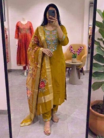RICH LOOK ROMAN SILK EMBROIDERY WORK TOP BOTTOM WITH DUPATTA YELLOW