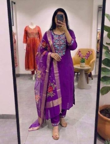 RICH LOOK ROMAN SILK EMBROIDERY WORK TOP BOTTOM WITH DUPATTA PURPLE
