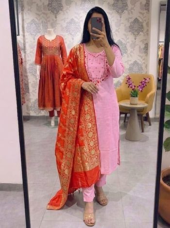 RICH LOOK ROMAN SILK HANDWORK TOP BOTTOM WITH DUPATTA BABY PINK AND ORANGE