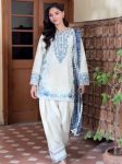 RICH LOOK SATIN RAYON EMBROIDERY WORK WITH FANCY GPU LACE BORDER WORK TOP PATIYALA WITH DUPATTA WHITE AND BLUE