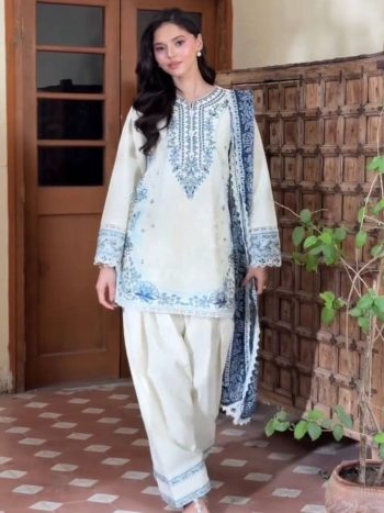 RICH LOOK SATIN RAYON EMBROIDERY WORK WITH FANCY GPU LACE BORDER WORK TOP PATIYALA WITH DUPATTA WHITE AND BLUE