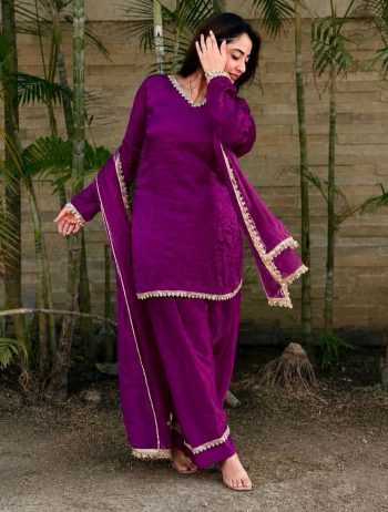 RICH LOOK SATIN SILK HAND MADE REAL MIRROR PEARL  MOTI LACE WORK TOP PATIYALA WITH DUPATTA WINE