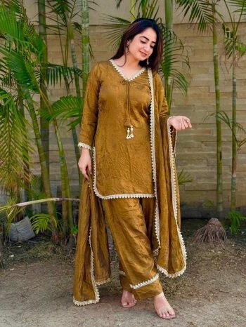 RICH LOOK SATIN SILK HAND MADE REAL MIRROR PEARL  MOTI LACE WORK TOP PATIYALA WITH DUPATTA CHIKU