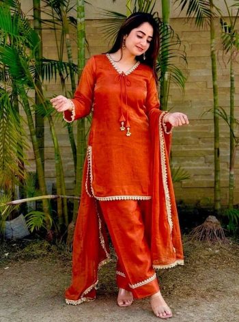 RICH LOOK SATIN SILK HAND MADE REAL MIRROR PEARL  MOTI LACE WORK TOP PATIYALA WITH DUPATTA RED