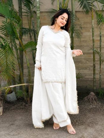 RICH LOOK SATIN SILK HAND MADE REAL MIRROR PEARL  MOTI LACE WORK TOP PATIYALA WITH DUPATTA WHITE