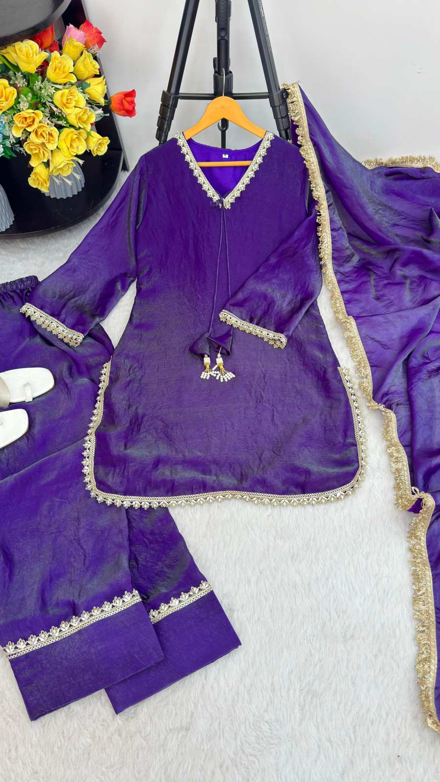 RICH LOOK SATIN SILK HAND MADE REAL MIRROR PEARL MOTI LACE WORK TOP PATIYALA WITH DUPATTA FESTIVE WEAR WHOLESALE PRICE ETHNIC GARMENT (46)
