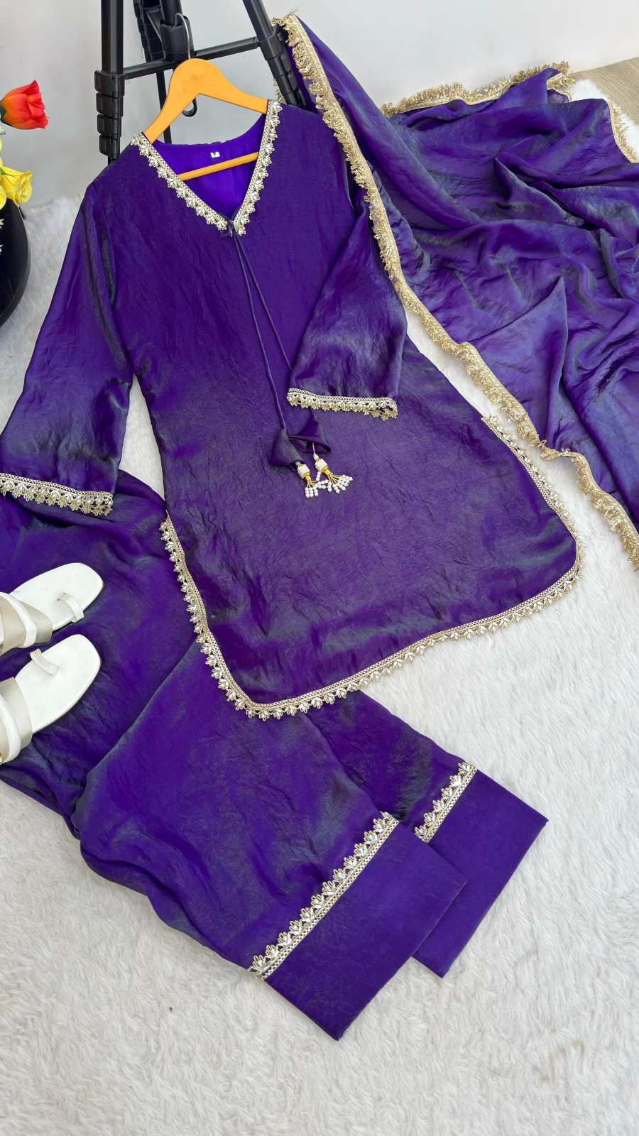 RICH LOOK SATIN SILK HAND MADE REAL MIRROR PEARL MOTI LACE WORK TOP PATIYALA WITH DUPATTA FESTIVE WEAR WHOLESALE PRICE ETHNIC GARMENT (47)