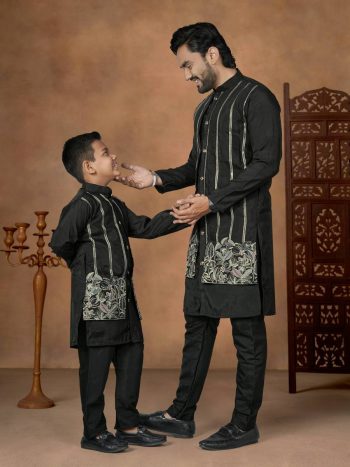 RICH LOOK SILK EMBROIDERY WORK FATHER SON ONLY KURTA SET BLACK