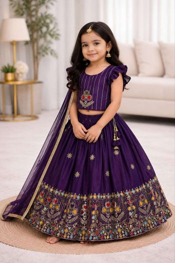 RICH LOOK SINDOOR SILK SEQUENCE EMBROIDERY WORK KID'S LEHENGA CHOLI WITH DUPATTA PURPLE