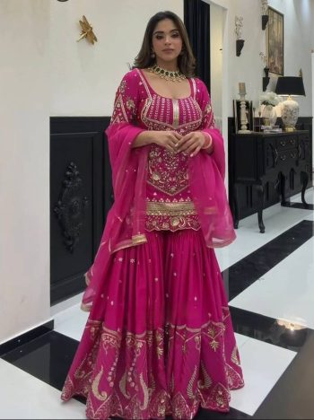 RICH LOOK SINDOOR SILK SEQUENCE EMBROIDERY WORK TOP SHARARA WITH DUPATTA PINK