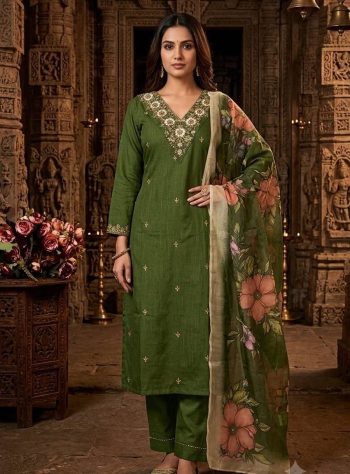 RICH LOOK SLUB COTTON CUT PASTE EMBROIDERY WORK TOP BOTTOM WITH DUPATTA GREEN