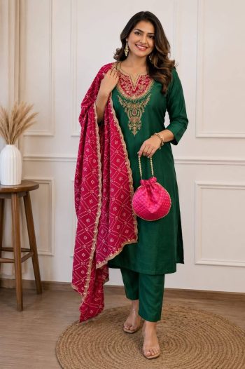 RICH LOOK SLUB COTTON EMBROIDERY WORK TOP BOTTOM WITH DUPATTA GREEN