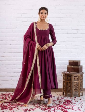RICH LOOK VICHITRA SILK BEADS WORK GOWN BOTTOM WITH DUPATTA WINE