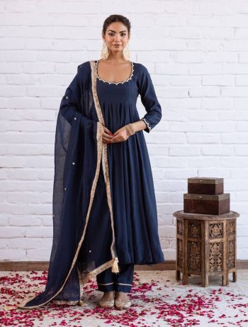 RICH LOOK VICHITRA SILK BEADS WORK GOWN BOTTOM WITH DUPATTA NAVY BLUE