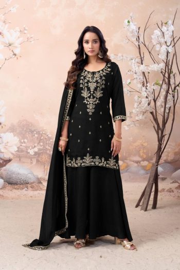 RICH LOOK VICHITRA SILK EMBROIDERY SEQUENCE COADING WORK TOP PALAZZO WITH DUPATTA BLACK