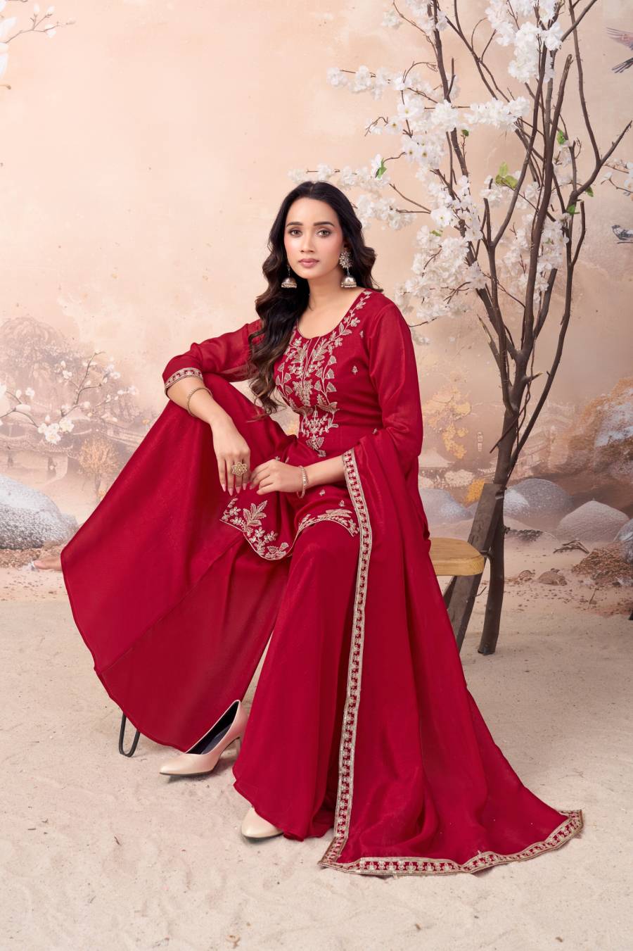 RICH LOOK VICHITRA SILK EMBROIDERY SEQUENCE COADING WORK TOP PALAZZO WITH DUPATTA FESTIVE WEAR WHOLESALE PRICE ETHNIC GARMENT (10)