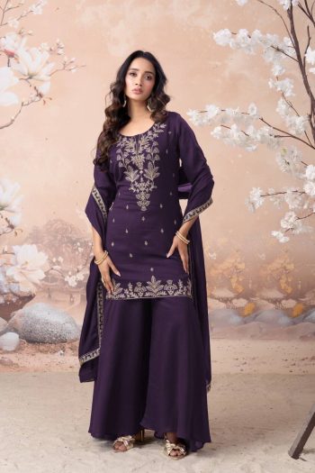 RICH LOOK VICHITRA SILK EMBROIDERY SEQUENCE COADING WORK TOP PALAZZO WITH DUPATTA PURPLE