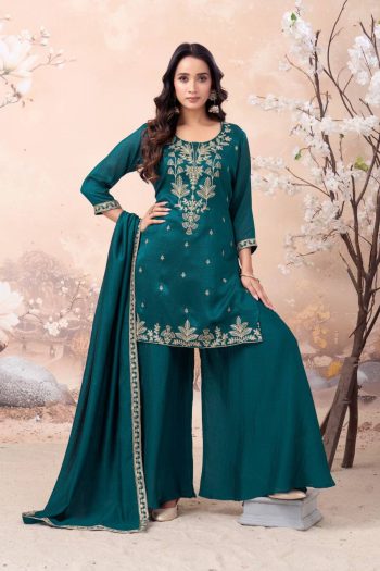 RICH LOOK VICHITRA SILK EMBROIDERY SEQUENCE COADING WORK TOP PALAZZO WITH DUPATTA RAMA