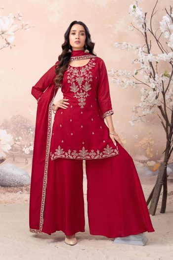 RICH LOOK VICHITRA SILK EMBROIDERY SEQUENCE COADING WORK TOP PALAZZO WITH DUPATTA RED