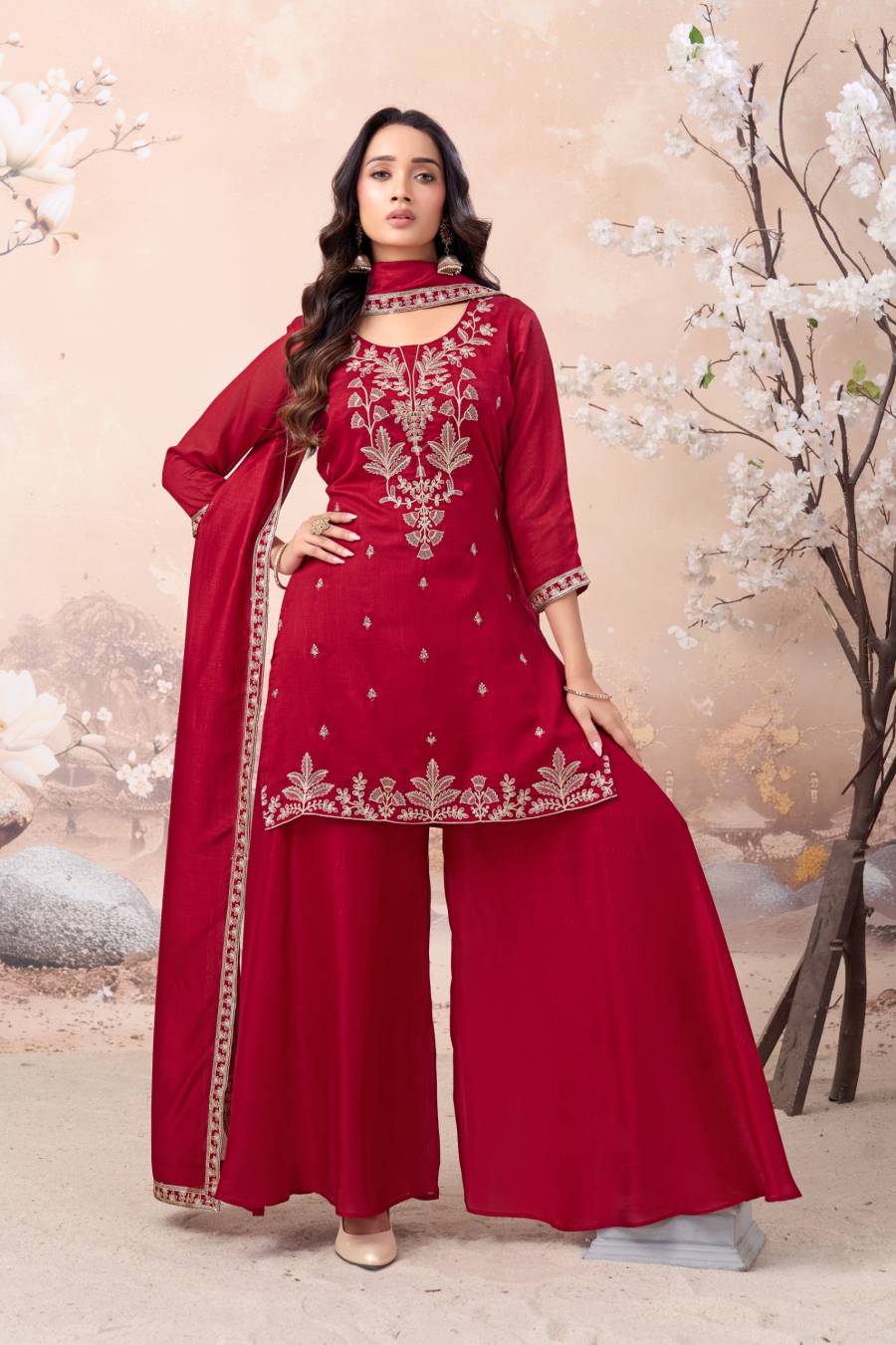 RICH LOOK VICHITRA SILK EMBROIDERY SEQUENCE COADING WORK TOP PALAZZO WITH DUPATTA FESTIVE WEAR WHOLESALE PRICE ETHNIC GARMENT (6)