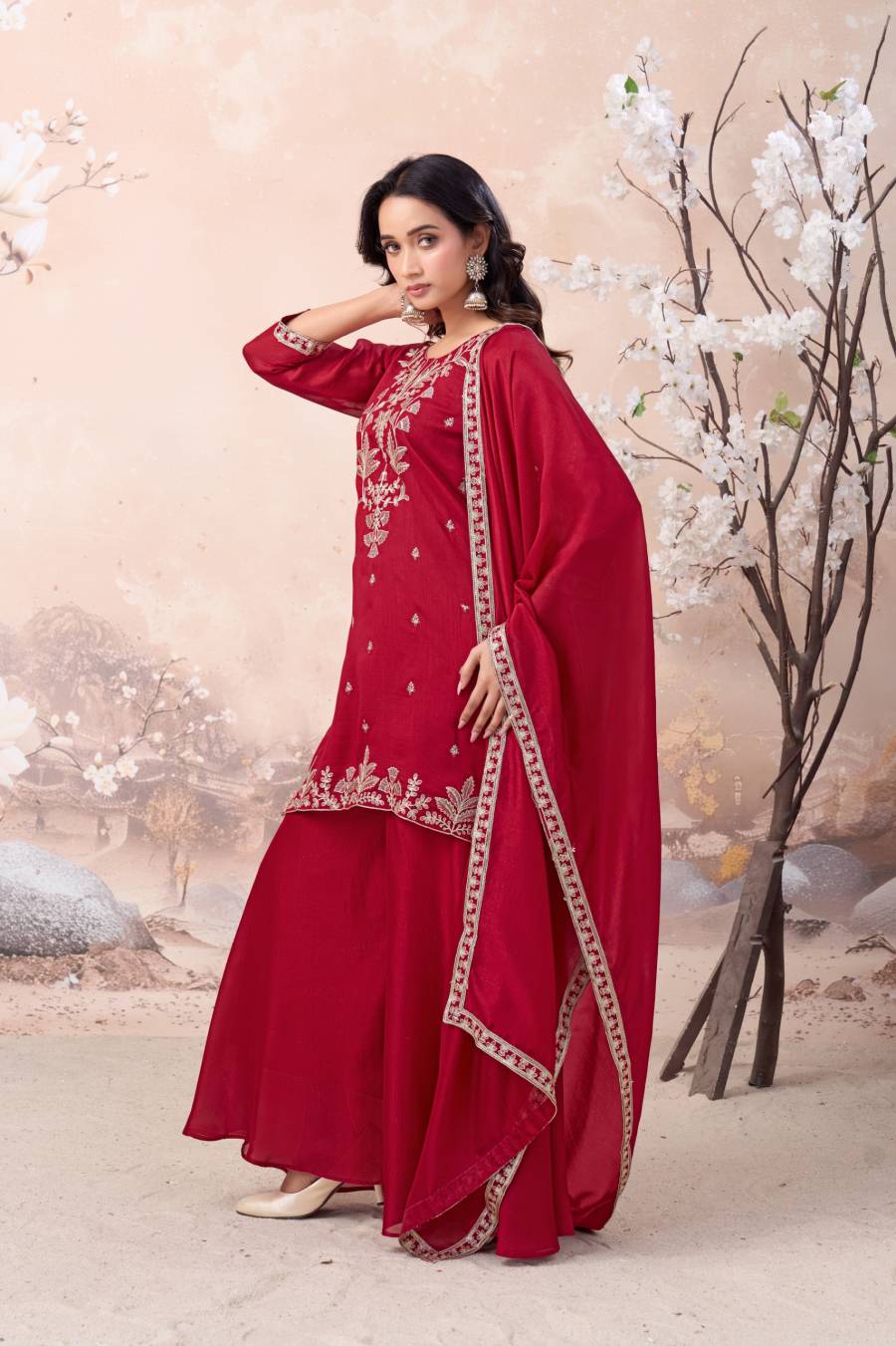 RICH LOOK VICHITRA SILK EMBROIDERY SEQUENCE COADING WORK TOP PALAZZO WITH DUPATTA FESTIVE WEAR WHOLESALE PRICE ETHNIC GARMENT (7)