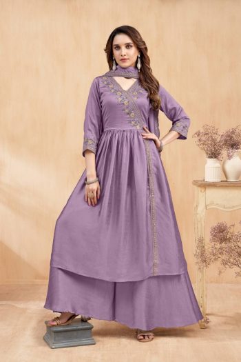 RICH LOOK VICHITRA SILK EMBROIDERY, SEQUENCE & CODING WORK TOP PALAZZO WITH DUPATTA LAVENDER
