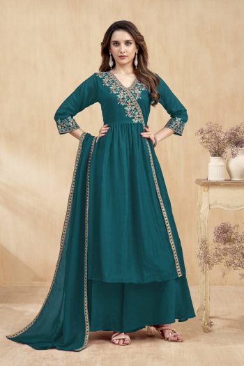 RICH LOOK VICHITRA SILK EMBROIDERY, SEQUENCE & CODING WORK TOP PALAZZO WITH DUPATTA TEAL