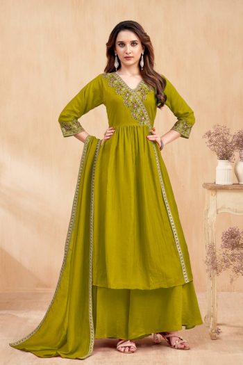 RICH LOOK VICHITRA SILK EMBROIDERY, SEQUENCE & CODING WORK TOP PALAZZO WITH DUPATTA LEMON
