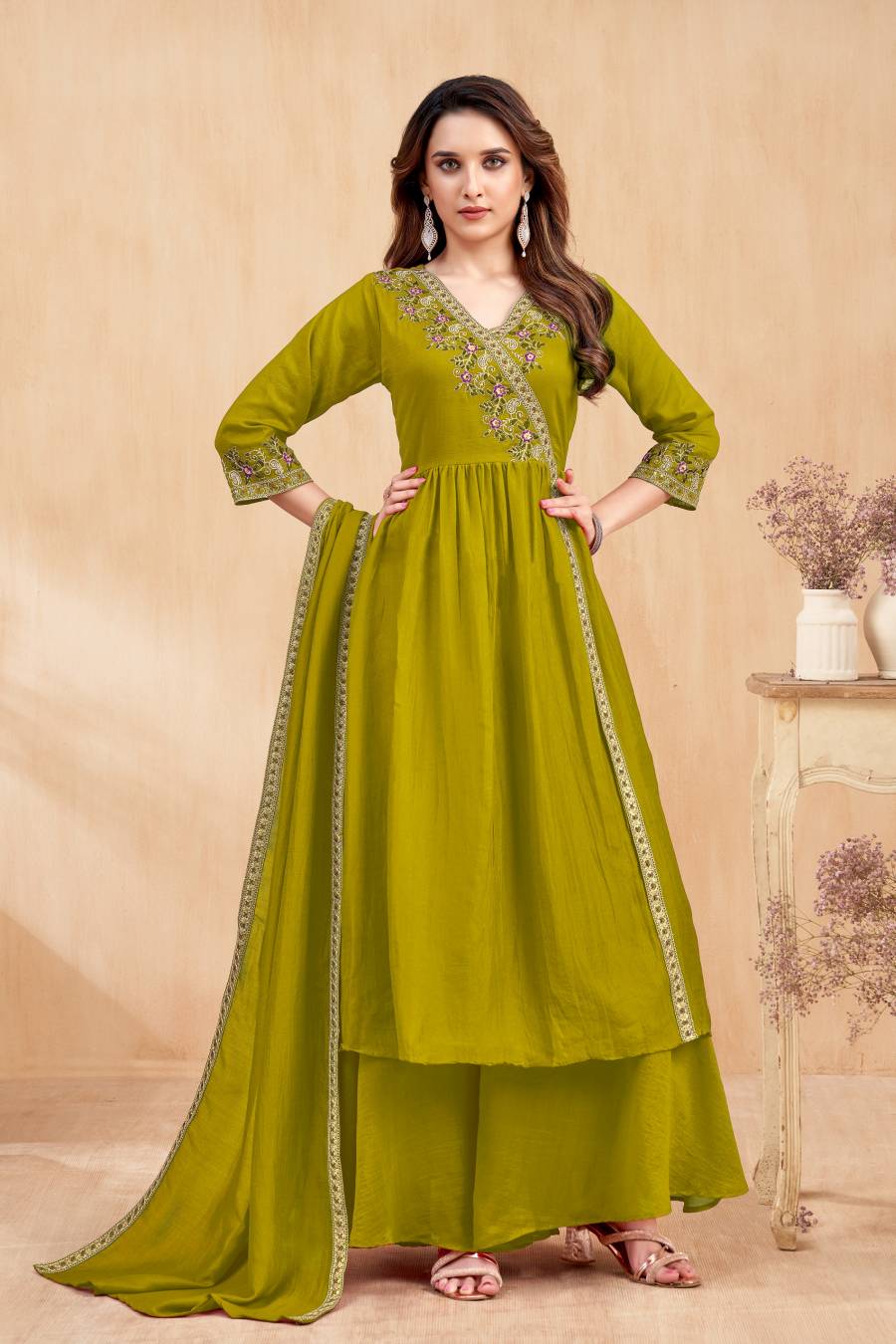 RICH LOOK VICHITRA SILK EMBROIDERY, SEQUENCE & CODING WORK TOP PALAZZO WITH DUPATTA FESTIVE WEAR WHOLESALE PRICE ETHNIC GARMENT (27)
