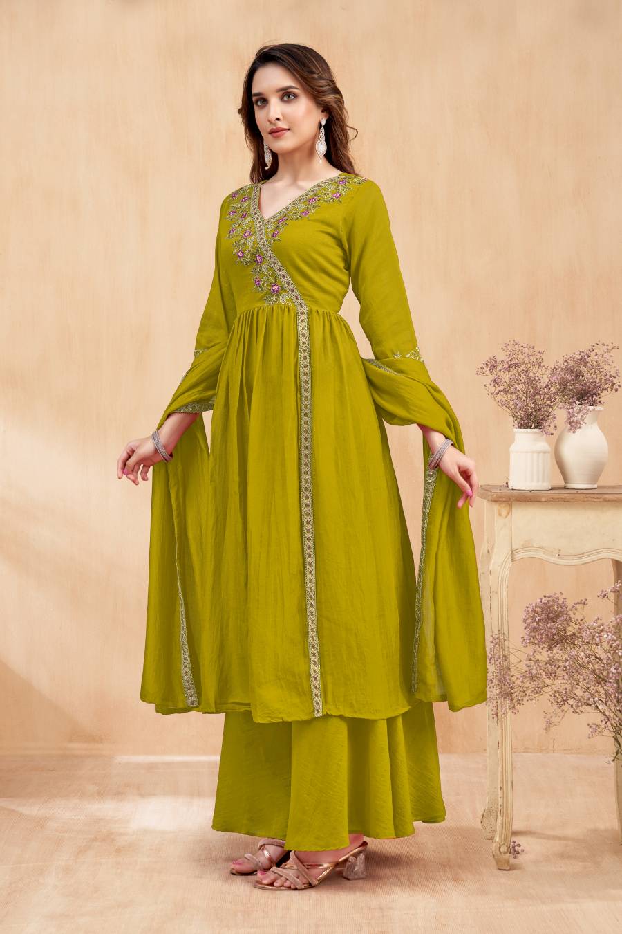 RICH LOOK VICHITRA SILK EMBROIDERY, SEQUENCE & CODING WORK TOP PALAZZO WITH DUPATTA FESTIVE WEAR WHOLESALE PRICE ETHNIC GARMENT (28)