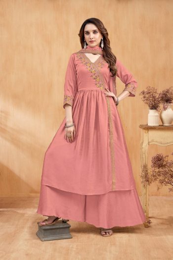RICH LOOK VICHITRA SILK EMBROIDERY, SEQUENCE & CODING WORK TOP PALAZZO WITH DUPATTA PEACH