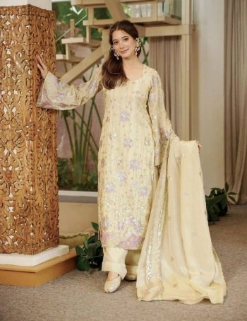 RICH LOOK VICHITRA SILK THREAD WITH SEQUENCE WORK TOP PALAZZO WITH DUPATTA CREAM
