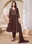 RICH LOOK VICITRA SILK EMBROIDERY, SEQUENCE & CODING WORK TOP BOTTOM WITH DUPATTA BROWN