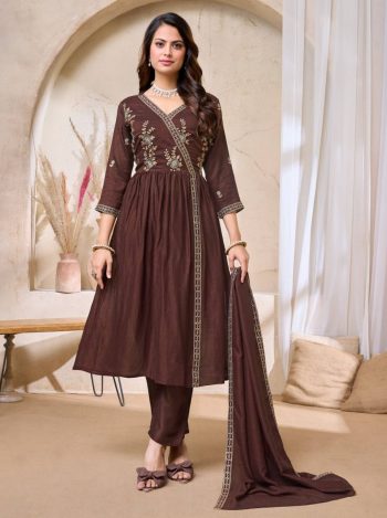 RICH LOOK VICITRA SILK EMBROIDERY, SEQUENCE & CODING WORK TOP BOTTOM WITH DUPATTA BROWN