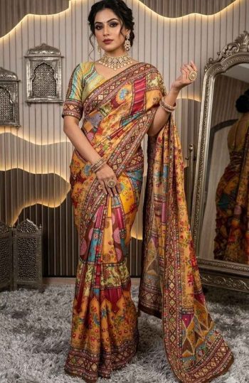 ROYAL LOOK CHINON DIGITAL PRINT WITH MIRROR HANDWORK SAREE WITH UNSTITCHED BLOUSE YELLOW