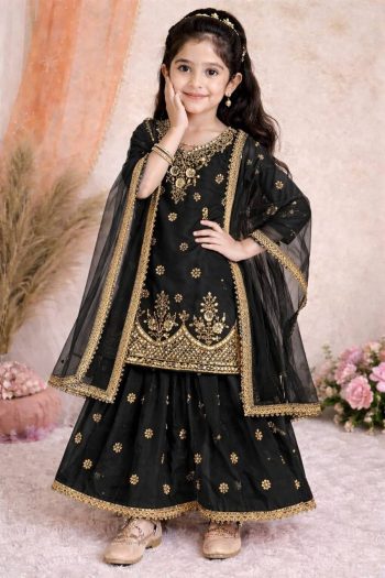TRADITINAL GEORGETTE EMBROIDERY WORK KID'S TOP PALAZZO WITH DUPATTA BLACK