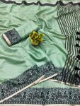 TRADITIONAL COTTON SOFT SILK JACQUARD WEAVING BORDER WORK SAREE WITH UNSTITCHED BLOUSE SEA GREEN