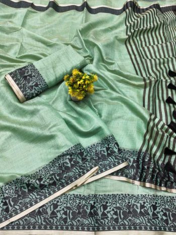 TRADITIONAL COTTON SOFT SILK JACQUARD WEAVING BORDER WORK SAREE WITH UNSTITCHED BLOUSE SEA GREEN