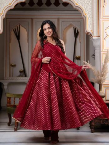 TRENDING CHANDERI JACQUARD BUTTI FANCY LACE WORK GOWN BOTTOM WITH DUPATTA MAROON