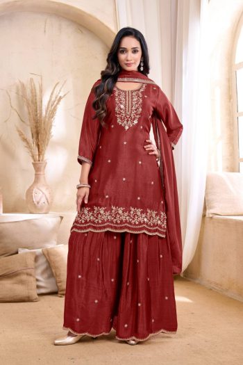 TRENDING CHINON EMBROIDERY, SEQUENCE & CODING WORK TOP PALAZZO WITH DUPATTA DUSTY ROSE