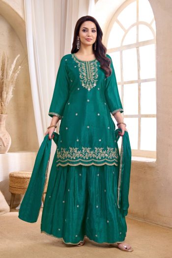 TRENDING CHINON EMBROIDERY, SEQUENCE & CODING WORK TOP PALAZZO WITH DUPATTA RAMA