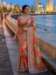 TRENDING CHINON SILK DIGITAL PRINTED WITH BEAUTIFUL MIRROR HANDWORK SAREE WITH STITCHED BLOUSE PINK