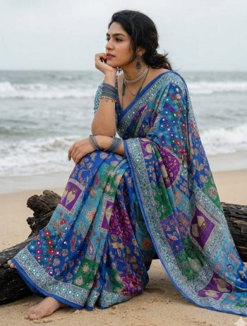 TRENDING CHINON SILK DIGITAL PRINTED WITH BEAUTIFUL MIRROR HANDWORK SAREE WITH STITCHED BLOUSE MULTI